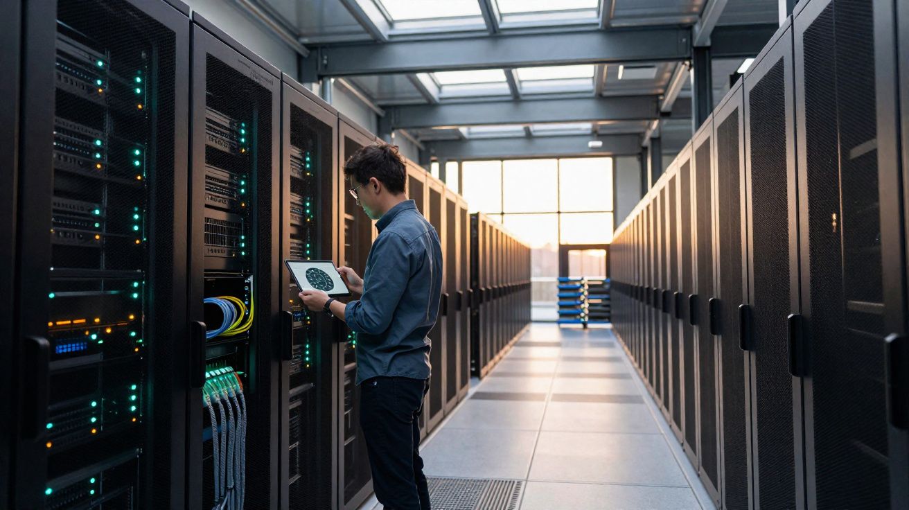 Técnico de TI usando tablet para monitorar servidores em ampla sala de data center com iluminação natural.