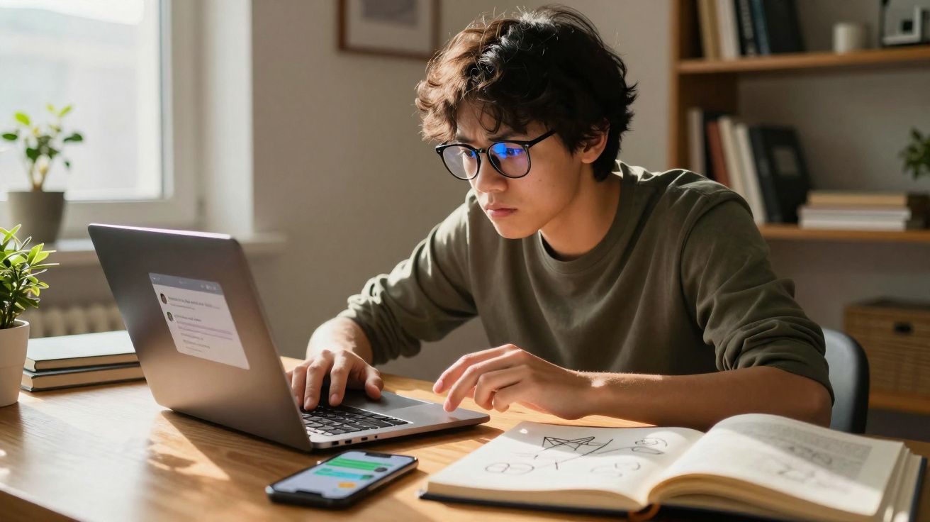 Jovem concentrado usando óculos, estudando e digitando em laptop com celular e livros sobre mesa iluminada.