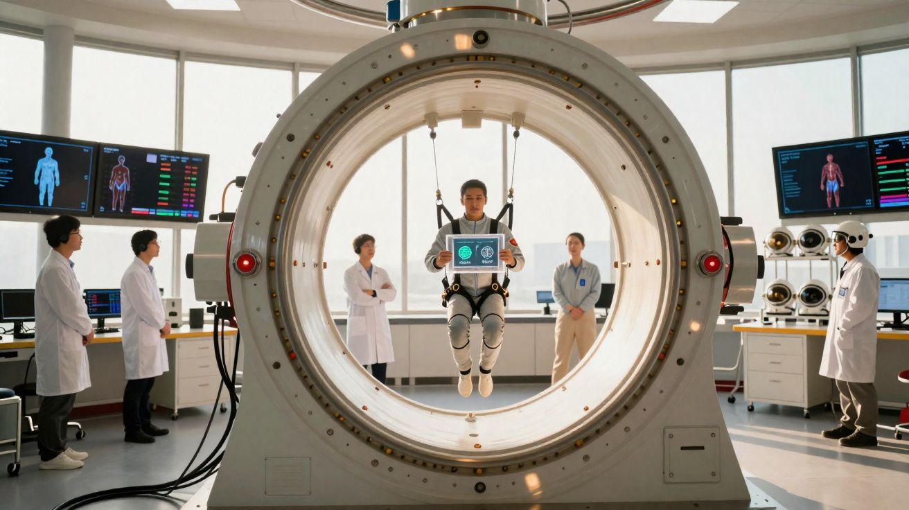 Paciente suspenso em equipamento médico futurista, cercado por cientistas em laboratório moderno.