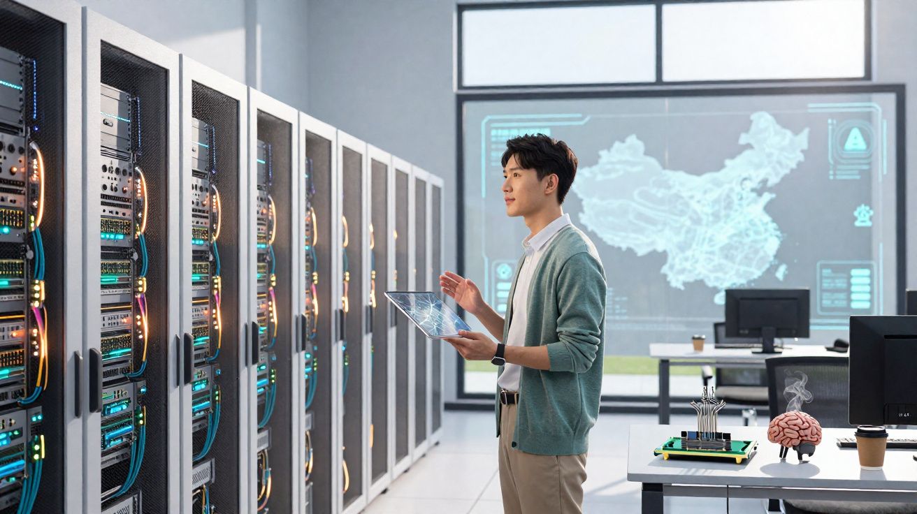 Homem usando tablet em sala de servidores com painel holográfico de mapa digital ao fundo.