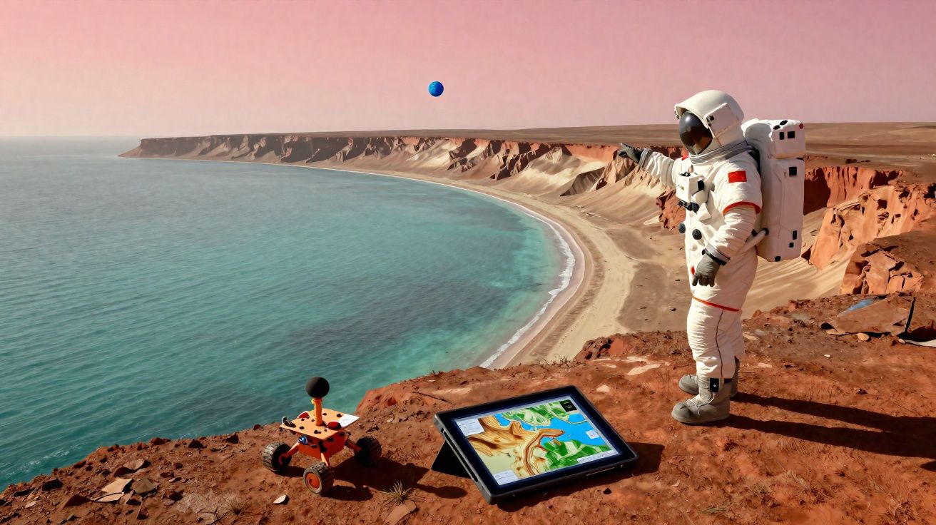 Astronauta e rover em solo vermelho próximo a uma praia com penhascos e um planeta azul ao fundo.