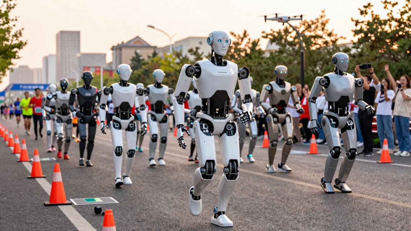 Robôs humanoides correndo em uma pista de rua durante evento, com pessoas aplaudindo ao lado.