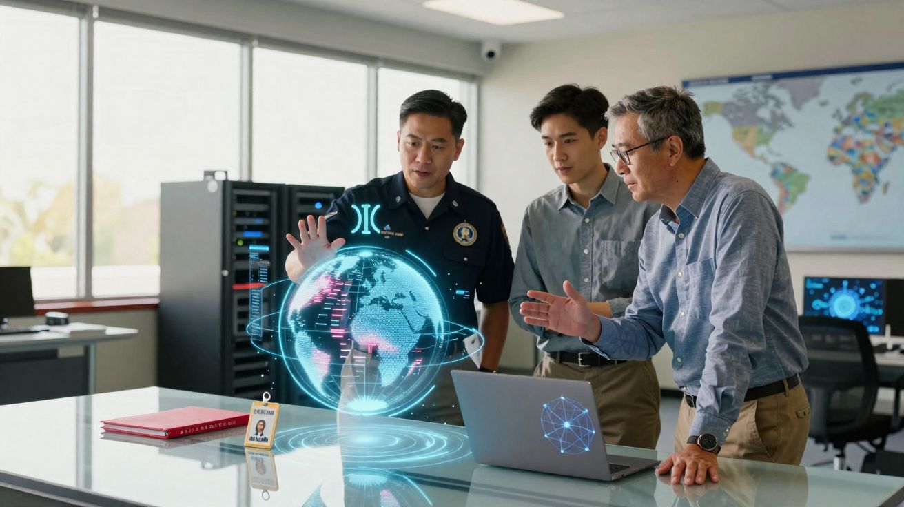Três homens analisam um holograma digital do planeta Terra sobre uma mesa em ambiente de escritório moderno.