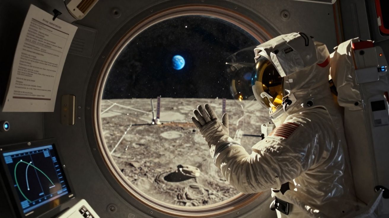 Astronauta dentro de nave olhando e acenando para a Terra vista através da janela, com superfície lunar ao fundo.