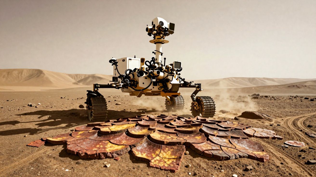 Rover em terreno marciano com pedaços secos de solo vermelho ao redor em paisagem desértica.