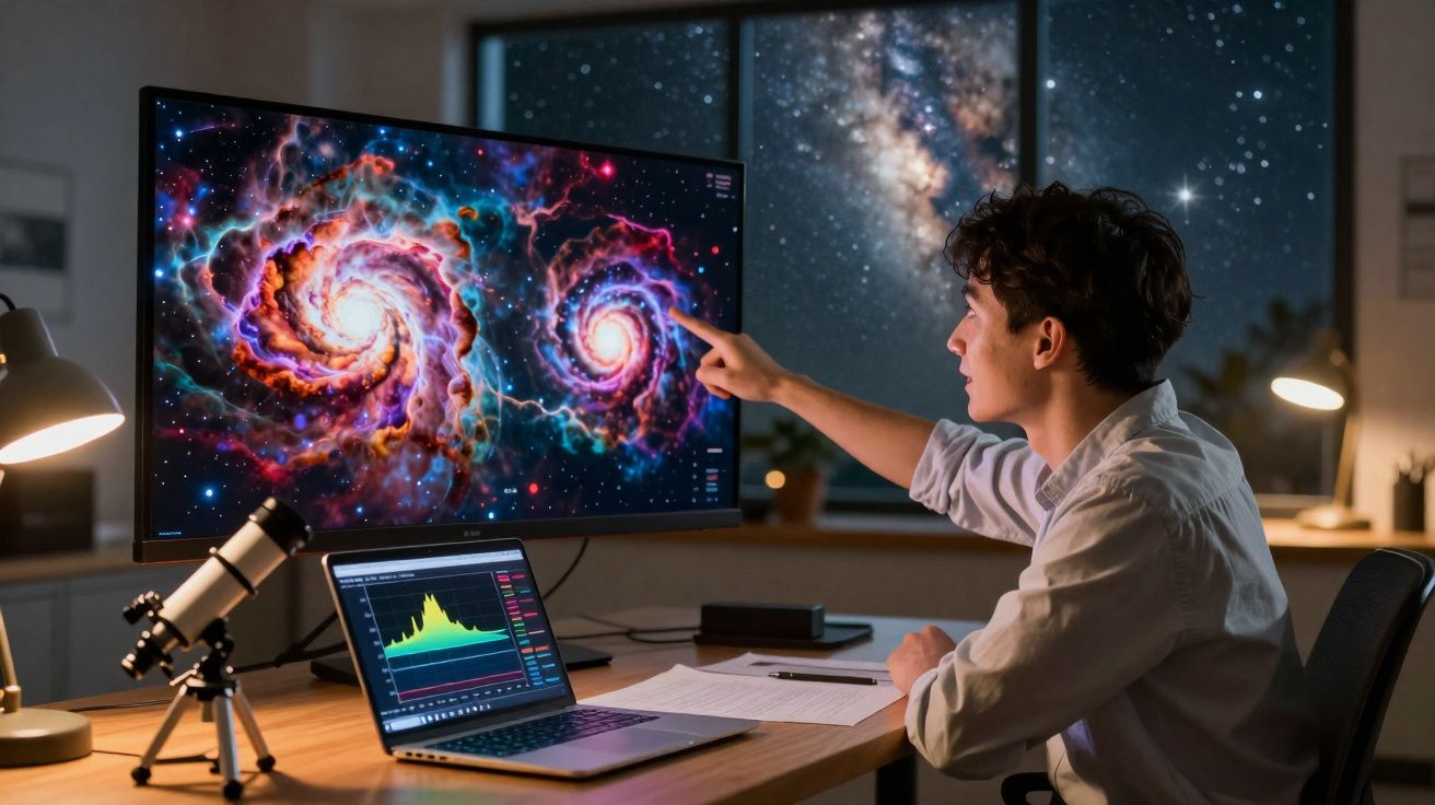 Jovem analisando imagens de galáxias no computador, com telescópio e céu estrelado ao fundo.