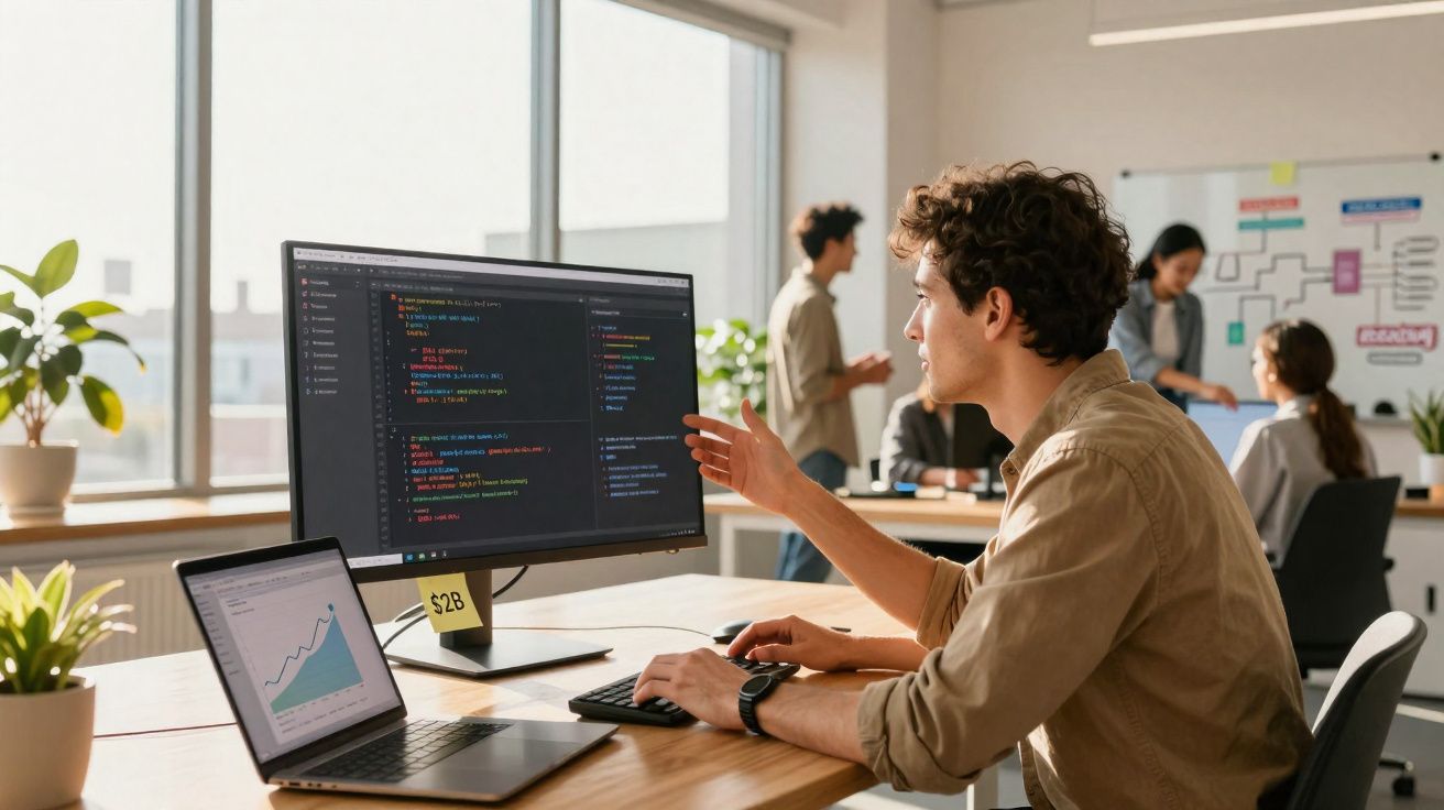 Jovem programador trabalhando em código no computador em escritório moderno com equipe ao fundo.