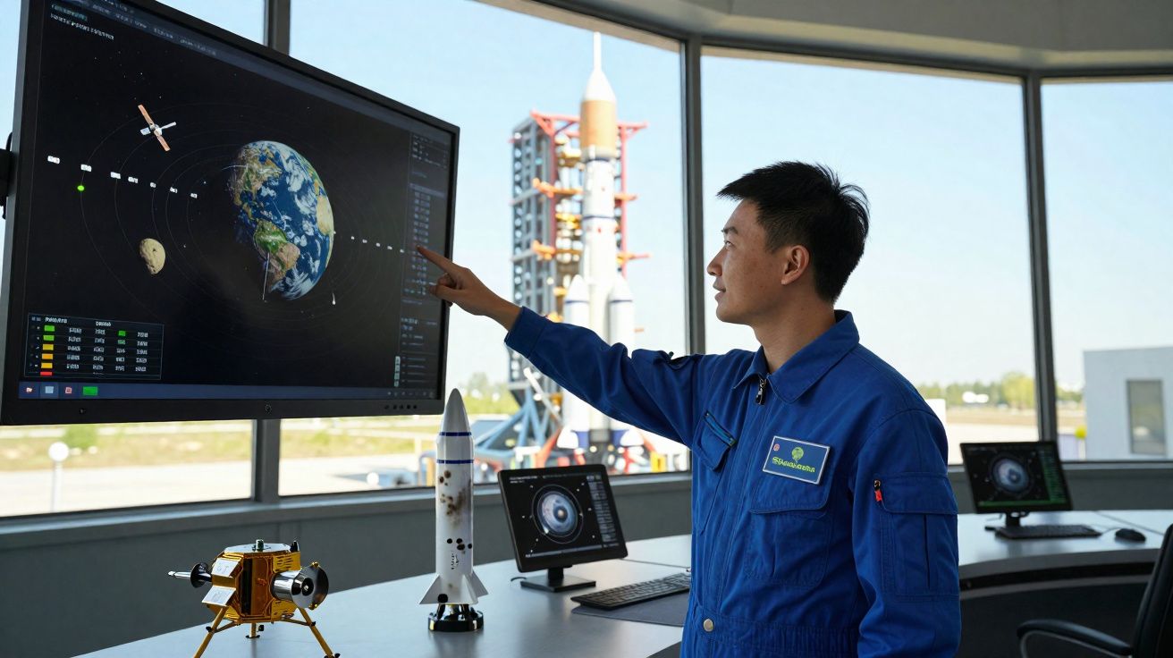 Homem de macacão azul aponta para tela com imagens da Terra e satélites em sala com foguete ao fundo.