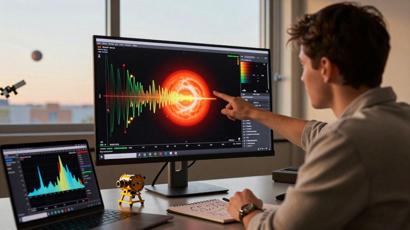 Homem analisando gráficos científicos e dados em dois monitores em ambiente de escritório moderno.