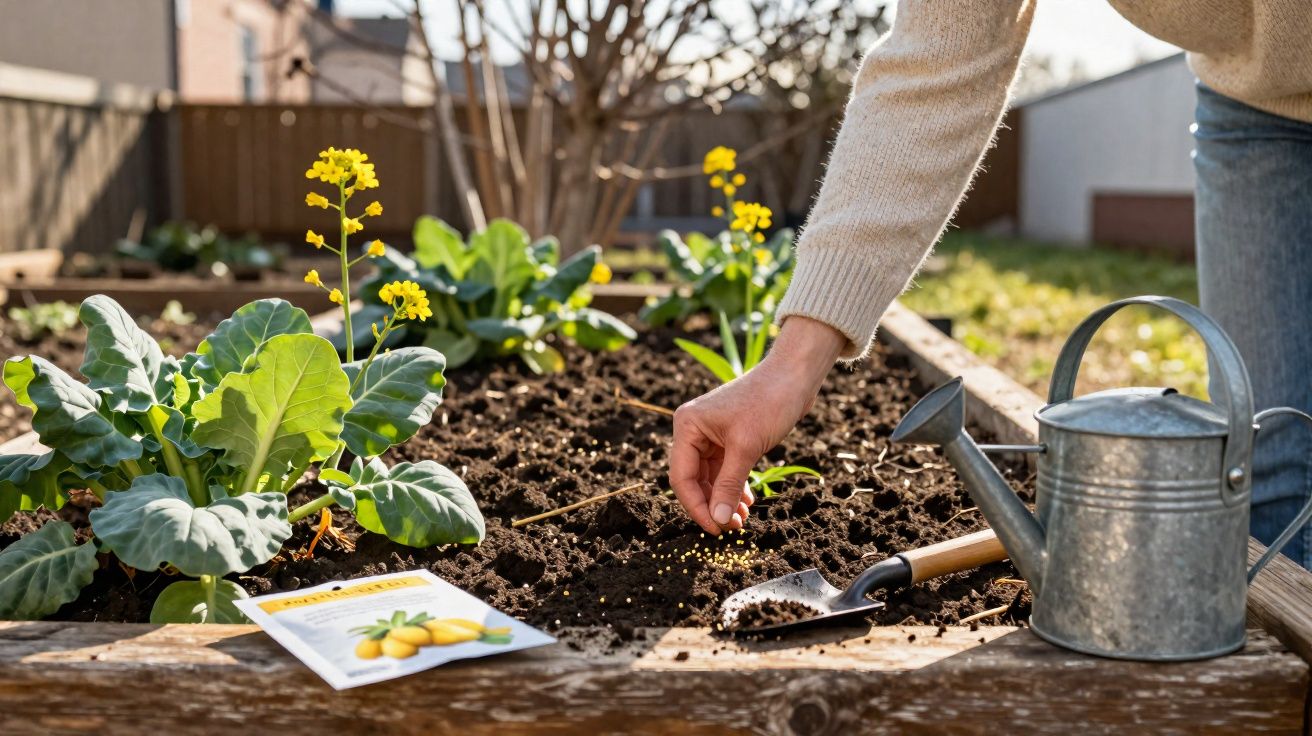 Pessoa plantando sementes em canteiro com regador, pá e plantas com flores amarelas ao fundo.