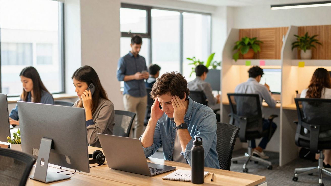 Pessoa estressada trabalhando em laptop em escritório moderno com colegas ao fundo.