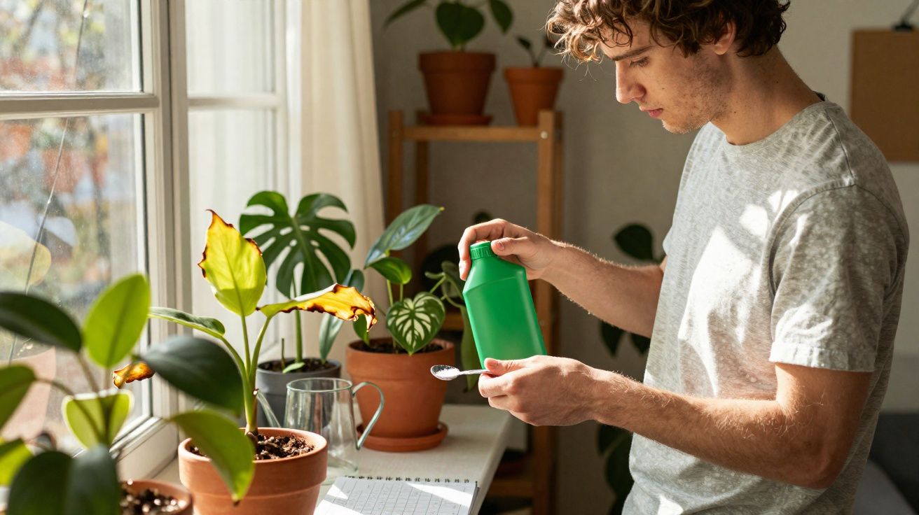 Jovem cuidando de plantas em vaso, medindo adubo com colher em ambiente interno iluminado.