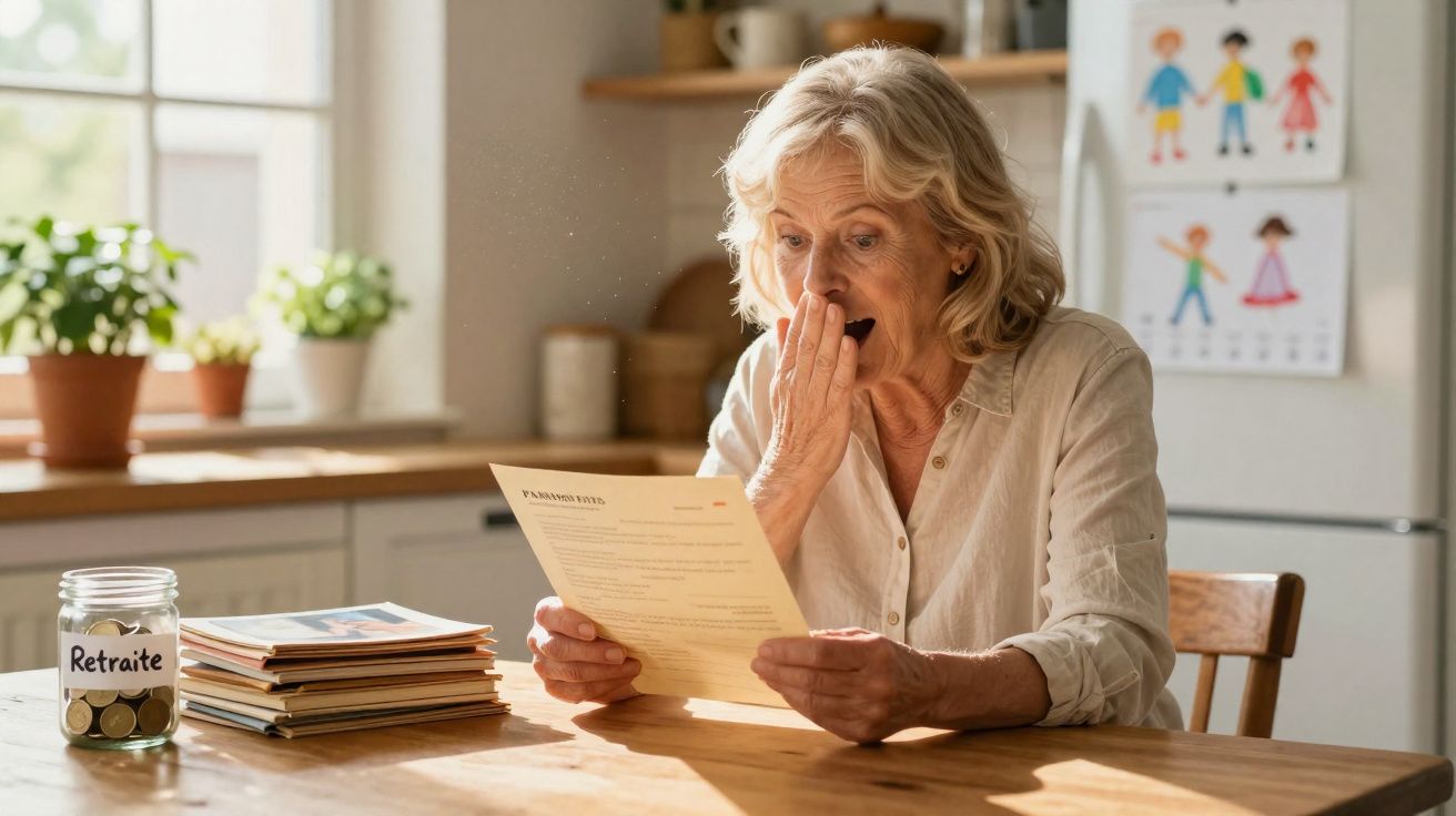 Mulher idosa com expressão de surpresa lê documento sentada à mesa na cozinha, com pote de moedas ao lado.