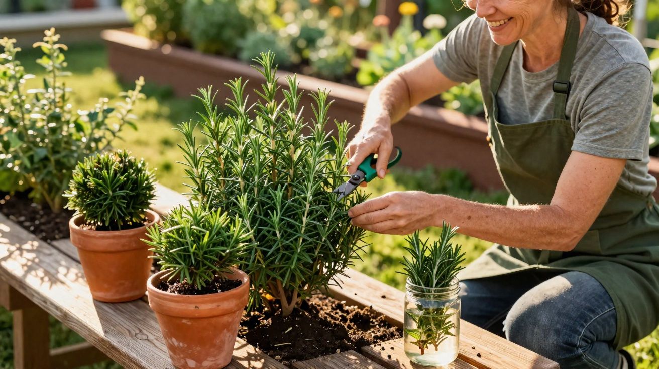 Mulher cortando ramos de alecrim em vaso no jardim em dia ensolarado, sorrindo enquanto cuida das plantas.