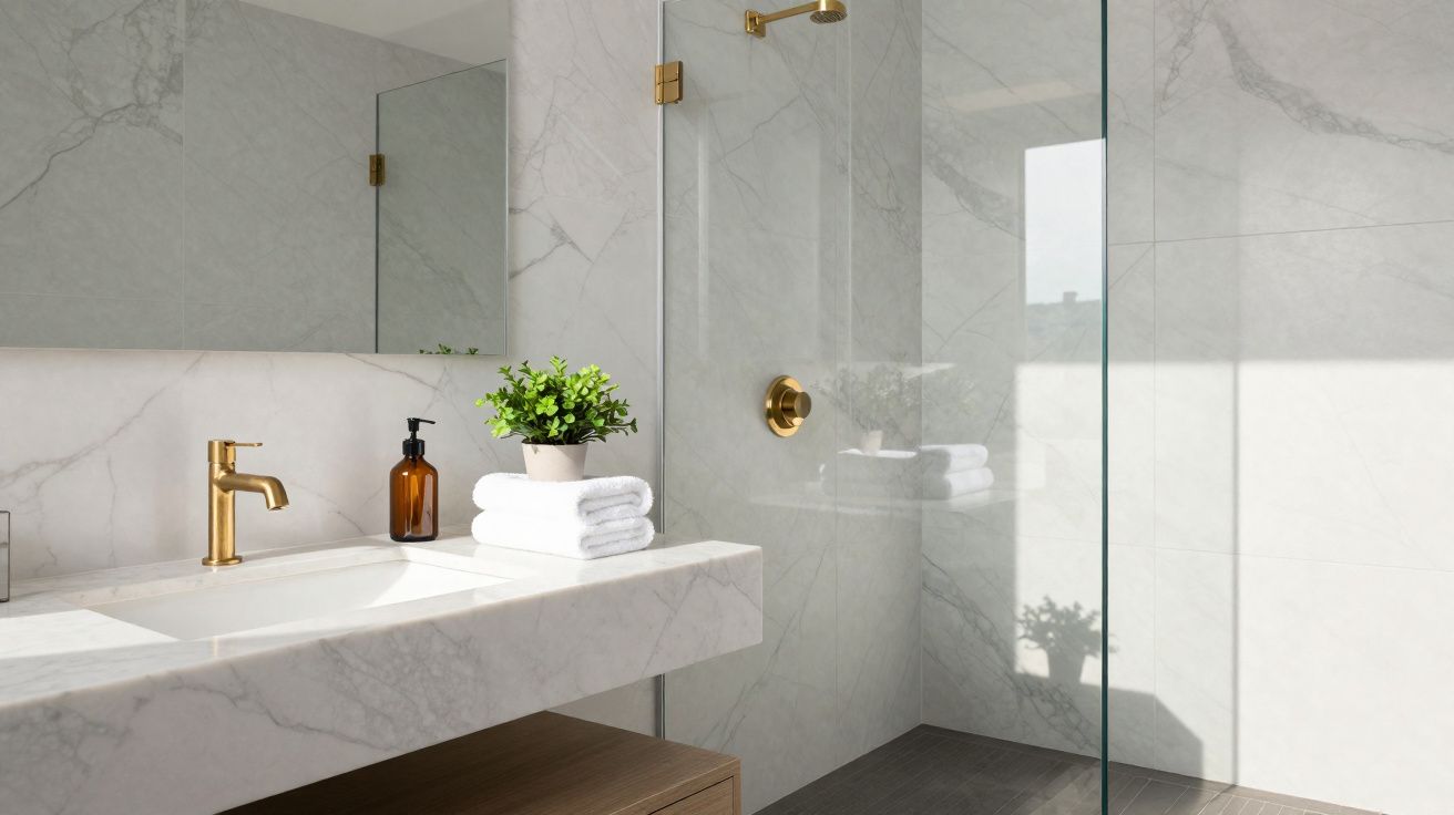 Banheiro moderno com bancada de mármore, torneira dourada, planta, toalhas e box de vidro.