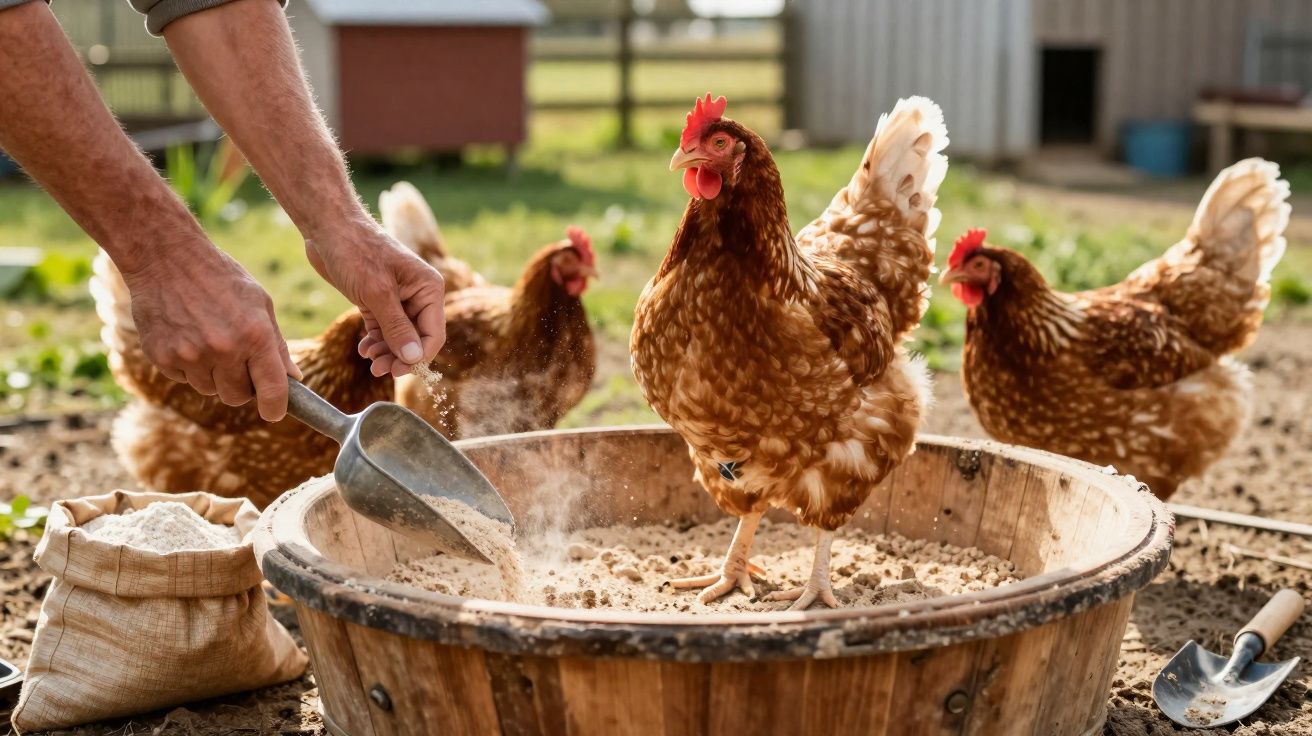 Homem alimenta galinhas marrons com grãos em um tambor de madeira em um quintal ensolarado.