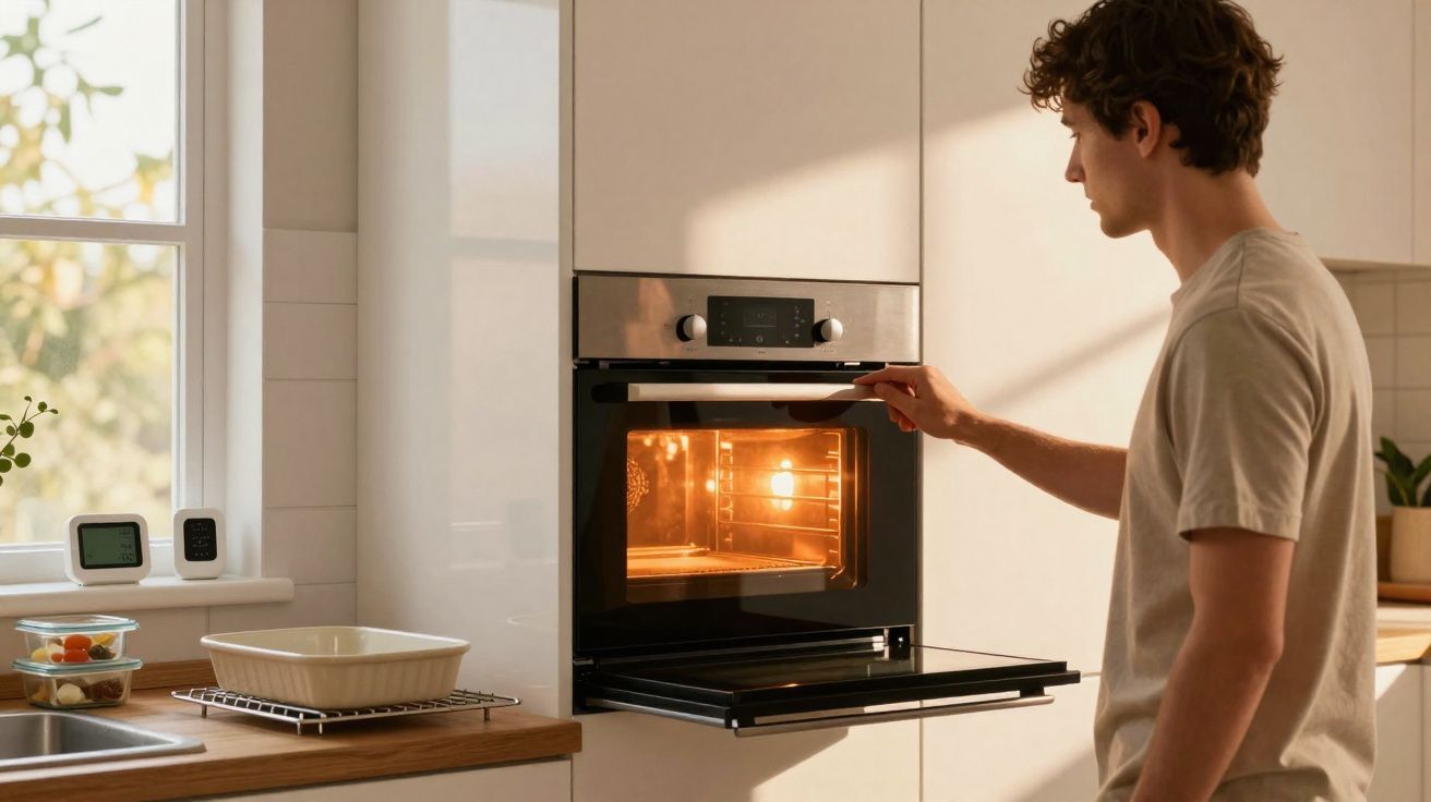 Homem abrindo forno embutido na cozinha moderna iluminada pela luz do dia.