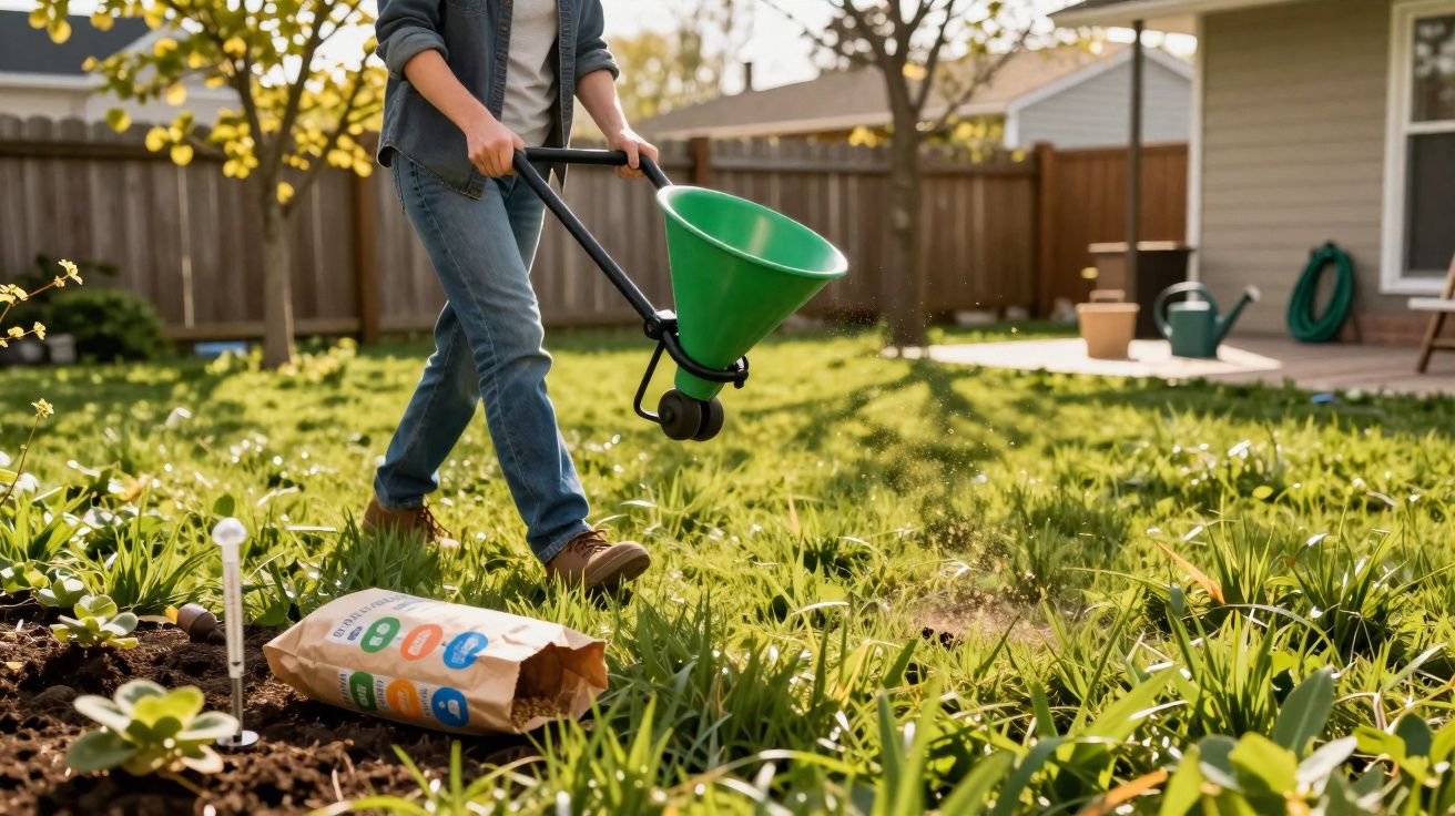Pessoa aplicando fertilizante em jardim residencial durante dia ensolarado.