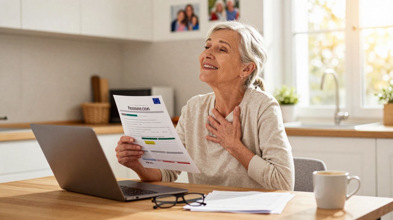 Mulher idosa feliz lendo documento à frente de laptop em cozinha iluminada com janela ao fundo.