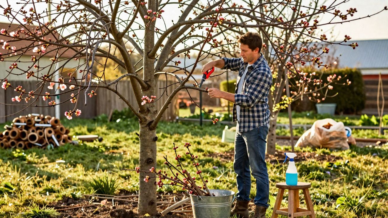 Homem podando galhos de árvore florida em jardim ensolarado com ferramentas de jardinagem ao redor.