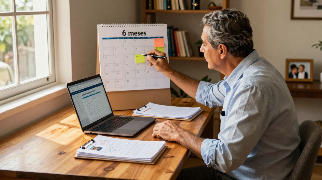 Homem sentado à mesa escreve em calendário de mesa com anotação "6 meses" ao lado de laptop e documentos.