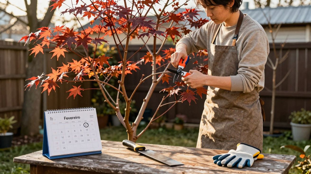 Pessoa podando árvore de folhas vermelhas em jardim, com calendário aberto na mesa indicando fevereiro.