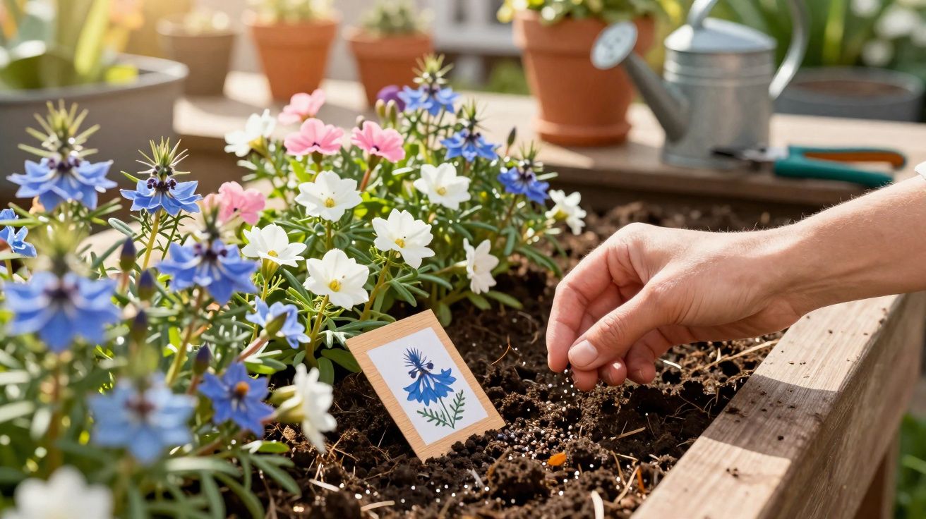 Mão plantando sementes em canteiro com flores coloridas, regador e vasos ao fundo.