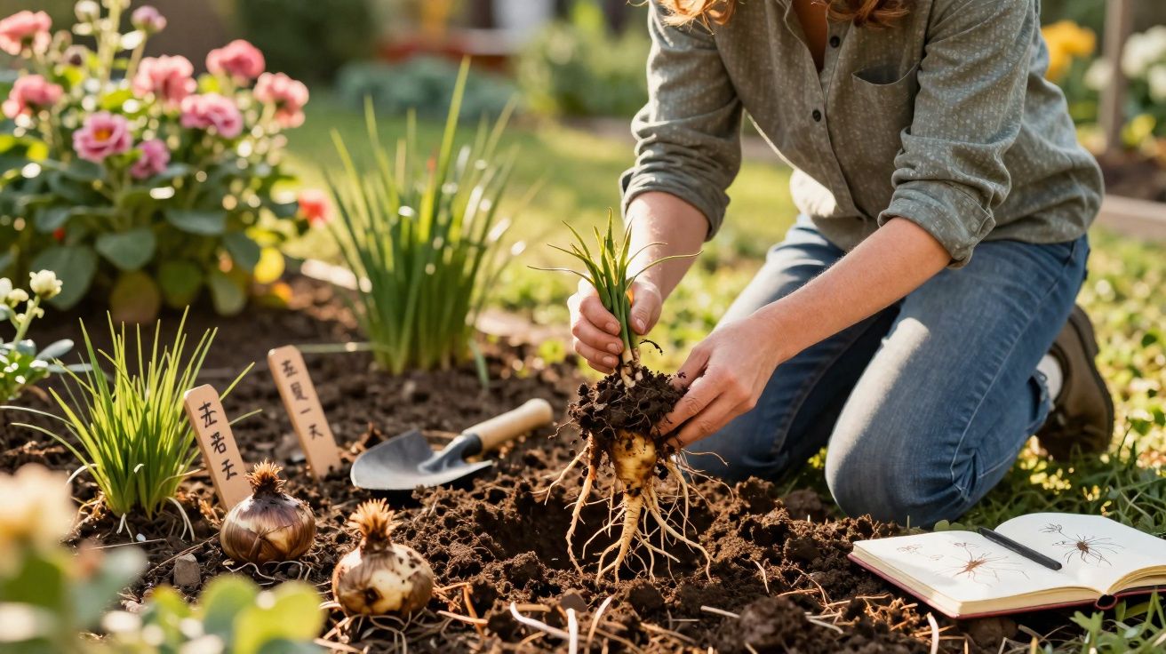 Pessoa plantando uma muda em jardim com ferramentas, caderno aberto e flores ao redor.