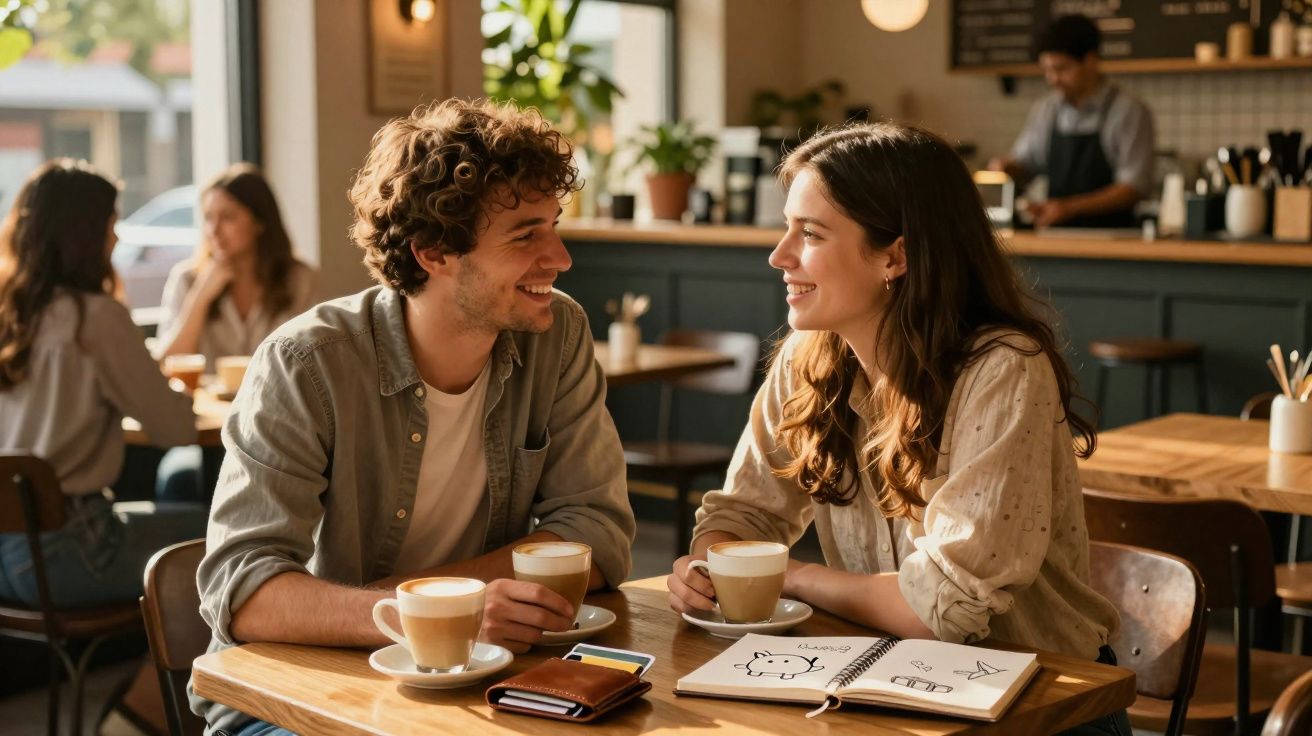 Casal sorridente conversando em cafeteria aconchegante com cafés e caderno aberto na mesa.