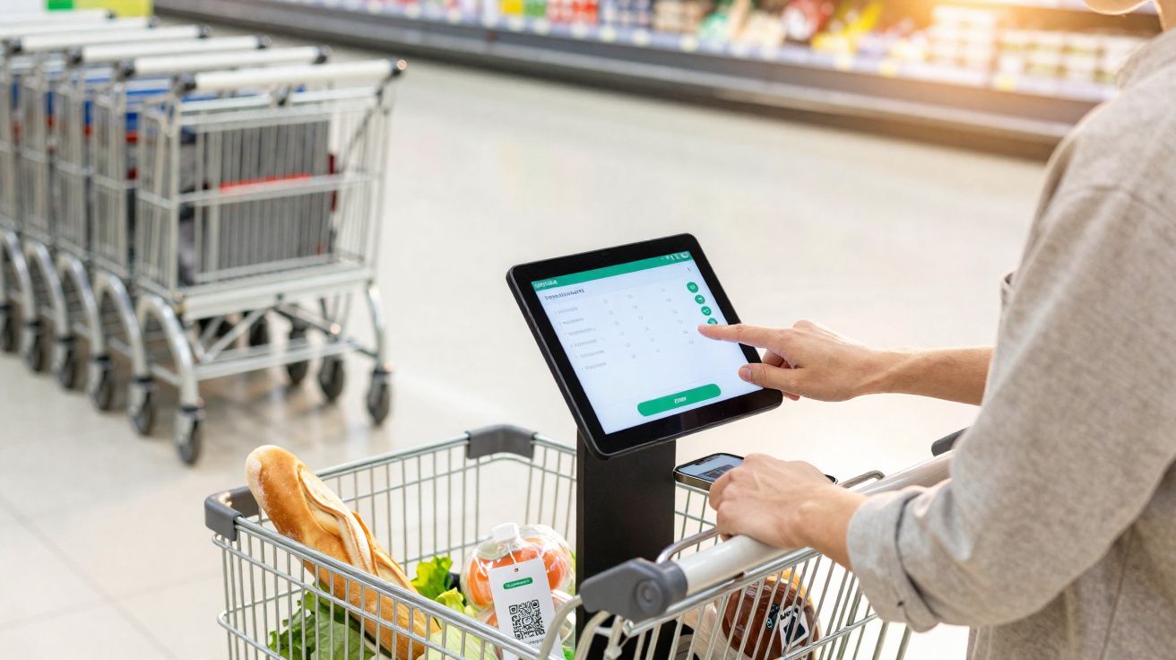 Pessoa usando tela touchscreen ao lado de carrinho de supermercado com alimentos e pão baguete.