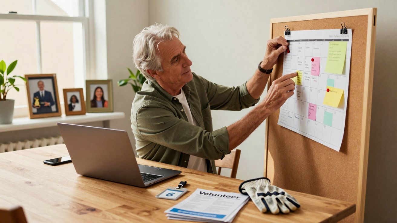 Homem idoso organizando calendário com post-its em quadro de cortiça ao lado de laptop e documentos em mesa.