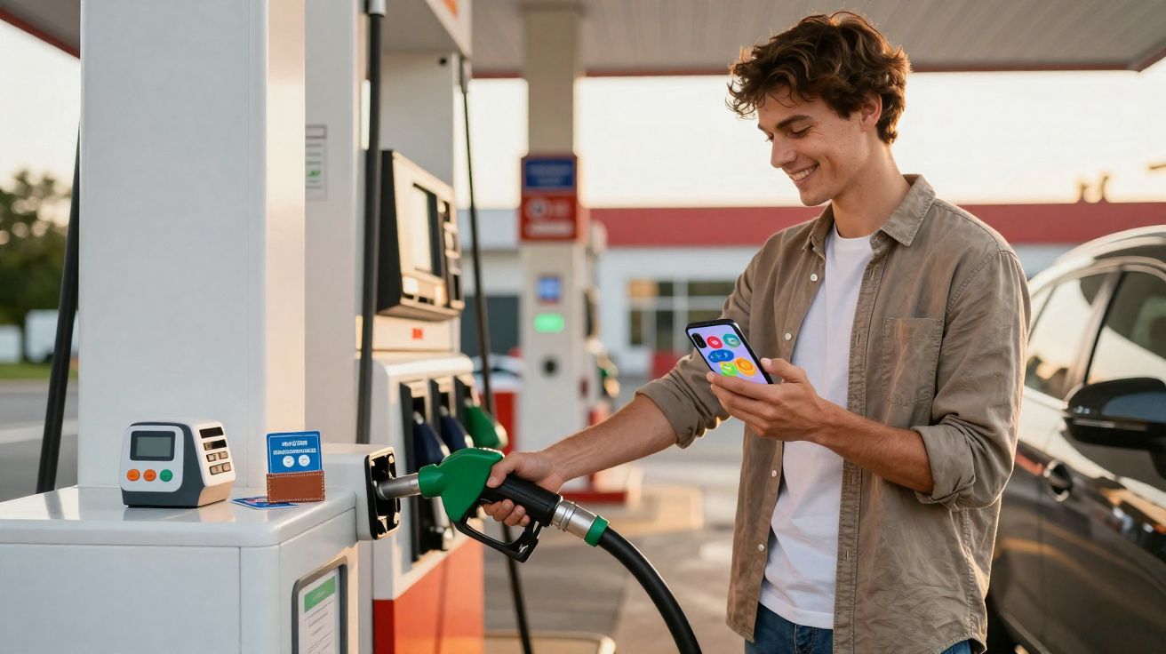 Homem sorridente abastecendo carro com bomba de combustível enquanto usa celular em posto de gasolina.