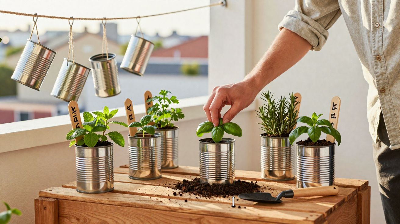 Pessoa cuidando de ervas plantadas em latas reaproveitadas em varanda ensolarada.