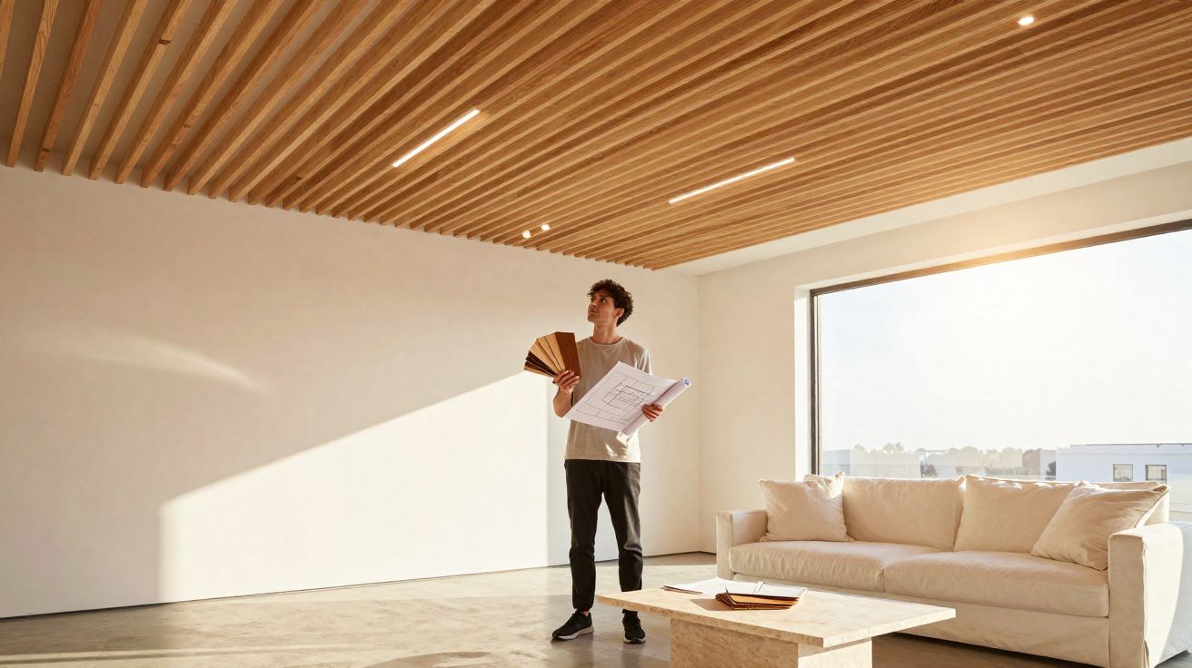 Homem com amostras de madeira e plantas em sala clara com sofá bege e teto de ripas de madeira.