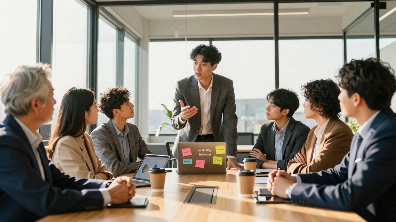Homem falando durante reunião com cinco colegas sentados ao redor de mesa de escritório.
