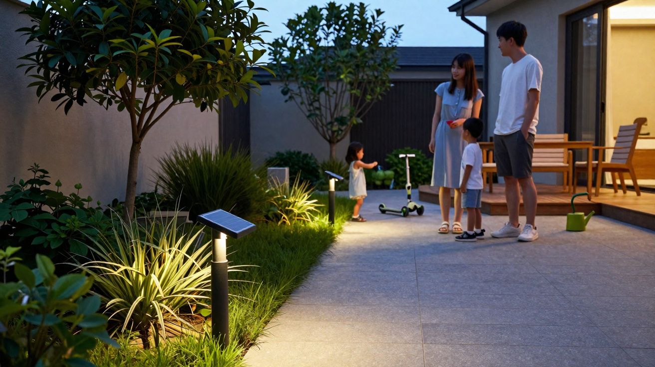 Família com duas crianças na varanda iluminada à noite com luzes solares no jardim.