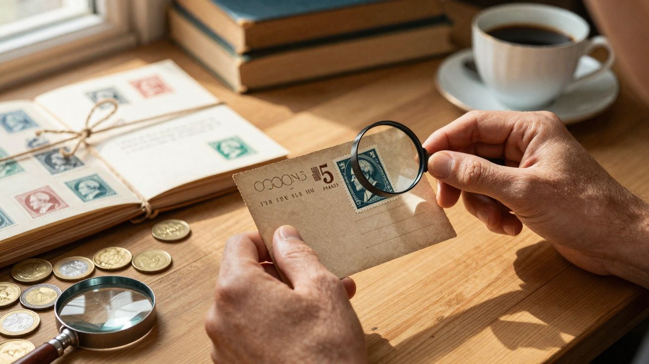 Mãos segurando lupa e cartão postal com selo, moedas e álbum de selos sobre mesa de madeira.