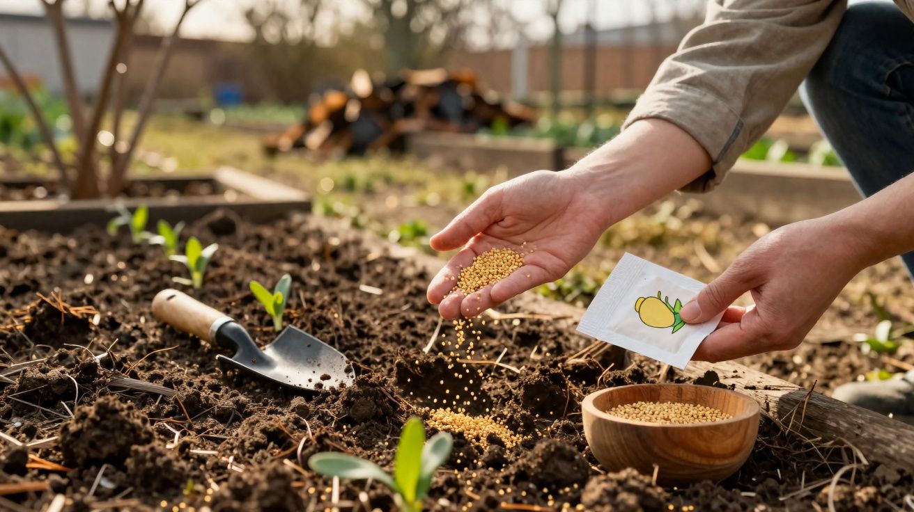 Pessoa plantando sementes em canteiro de terra com pá e tigela de madeira ao lado.