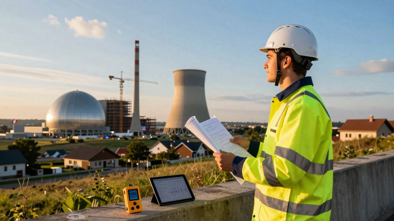 Engenheiro com capacete e jaqueta refletiva analisa documentos em usina nuclear ao pôr do sol.