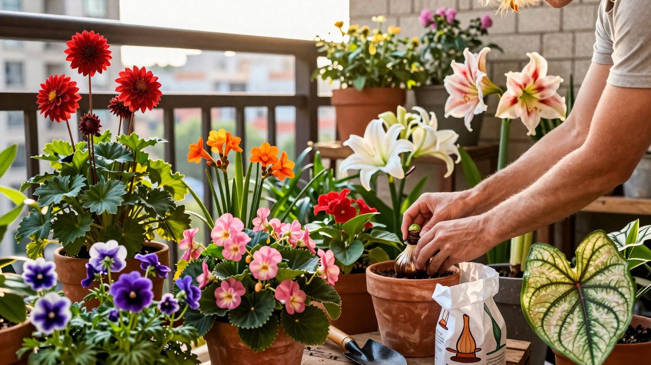 Pessoa cuidando de flores coloridas em vasos de barro em varandap