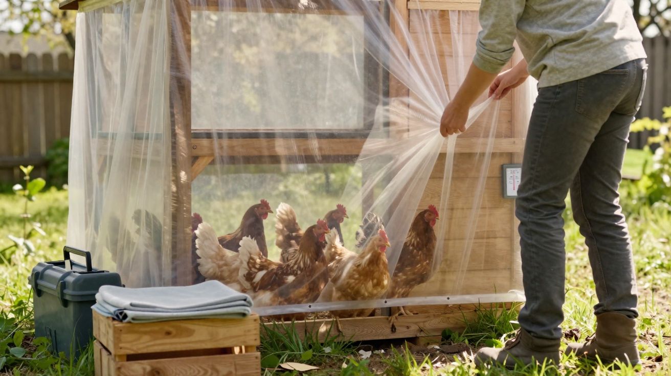 Pessoa abrindo uma tela protetora para cuidar de galinhas dentro de um galinheiro portátil no jardim.