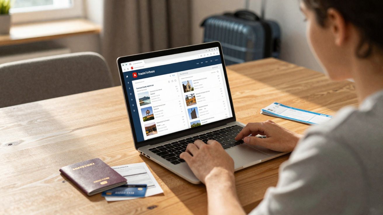 Pessoa acessando um site de reservas de viagem em laptop em uma mesa com passaporte e documentos.