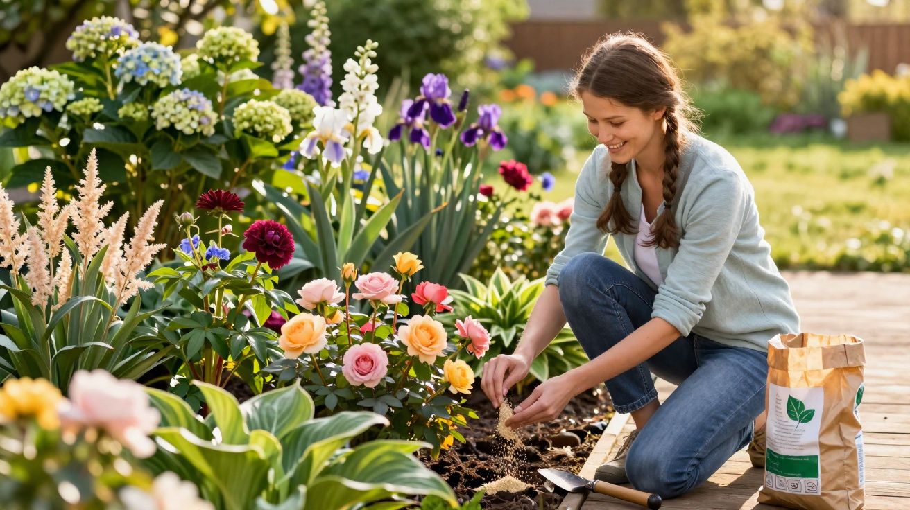 Mulher sorridente cuidando de flores coloridas em jardim ensolarado, com ferramentas ao lado.