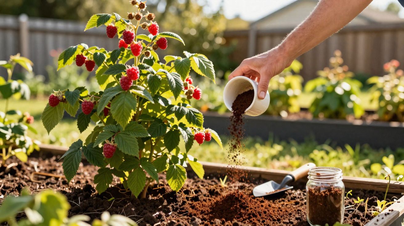 Pessoa aplicando adubo orgânico em planta de framboesa em horta doméstica ensolarada.