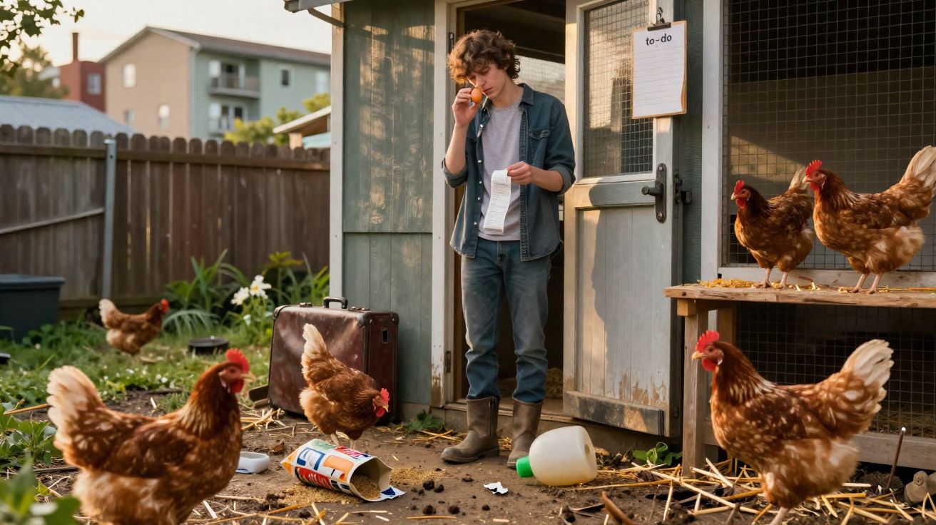 Adolescente com lista faz chamada enquanto galinhas ciscam perto de galinheiro em quintal.