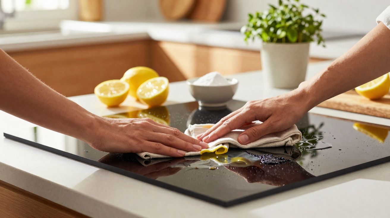 Duplas de mãos limpam sujeira com pano sobre fogão preto, com limões cortados e pote branco ao fundo.