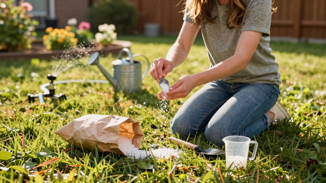 Pessoa aplicando fertilizante no jardim, cercada por regador, colher, saco e copo medidor.