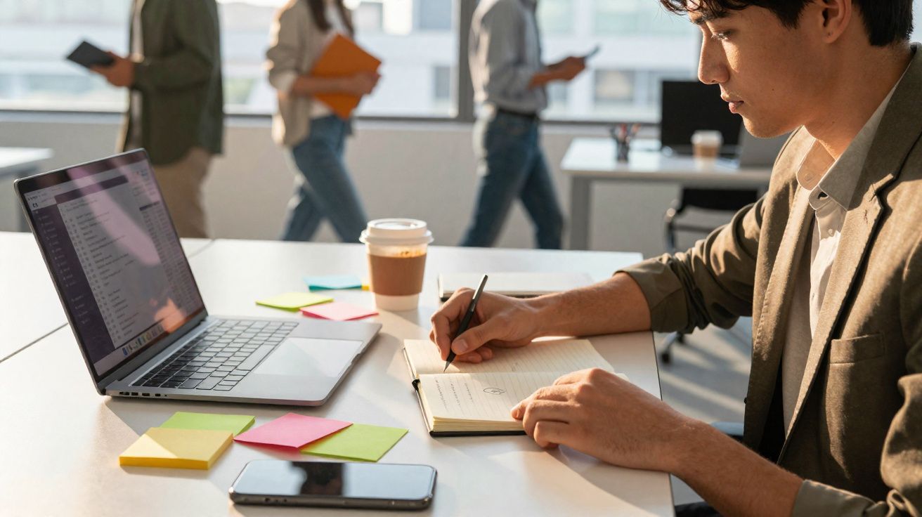 Jovem trabalhando em escritório moderno, anotando em caderno, com laptop, celular e café sobre a mesa.