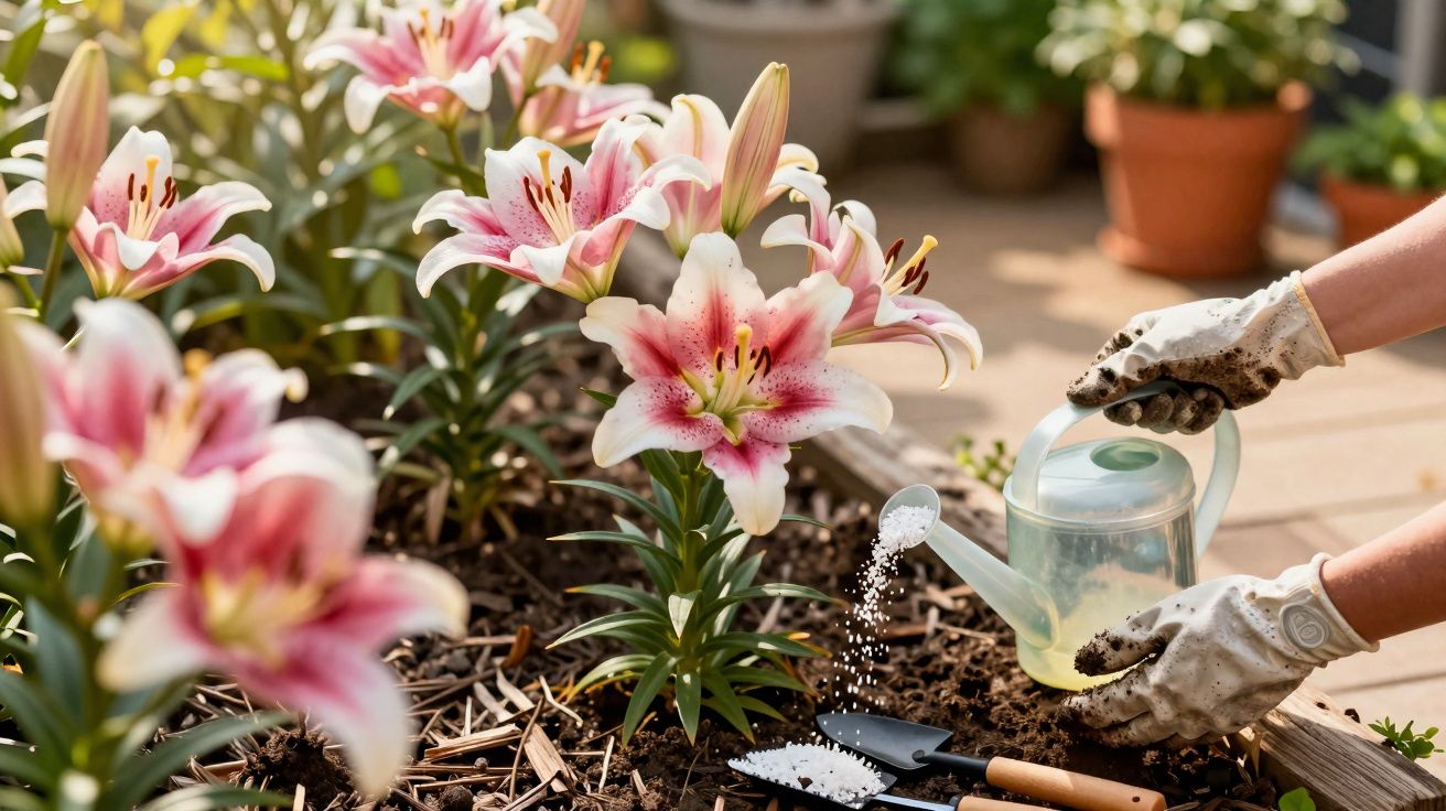 Pessoa regando flores rosas com regador transparente em jardim com luvas de jardinagem brancas.
