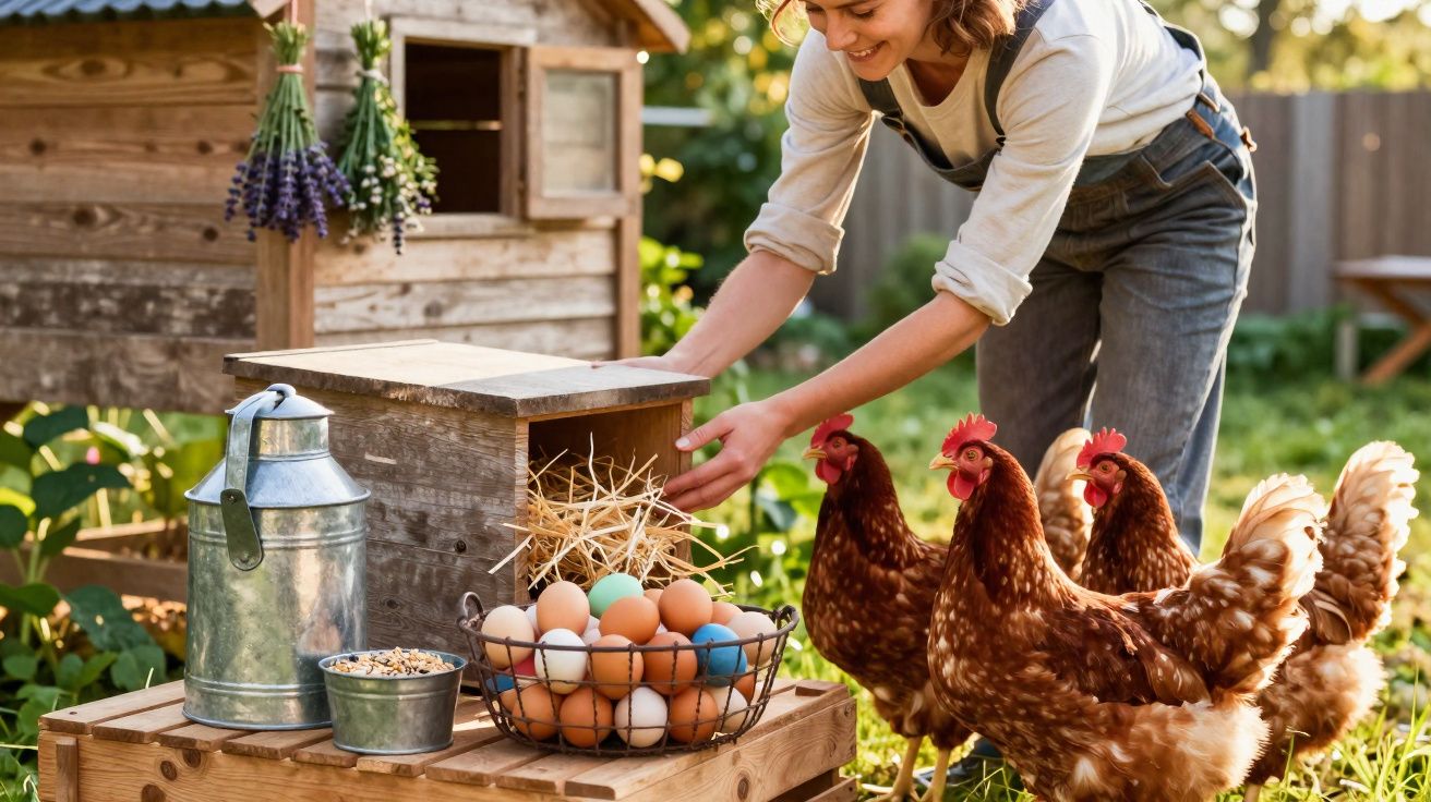 Mulher cuidando do galinheiro com galinhas e ovos em cesta no quintal ensolarado.
